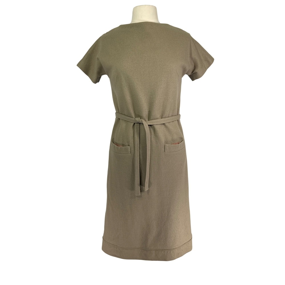 Vintage Wool Knit Sheath Dress Taupe Brown Tie Waist Short Sleeve Pockets Mod, M